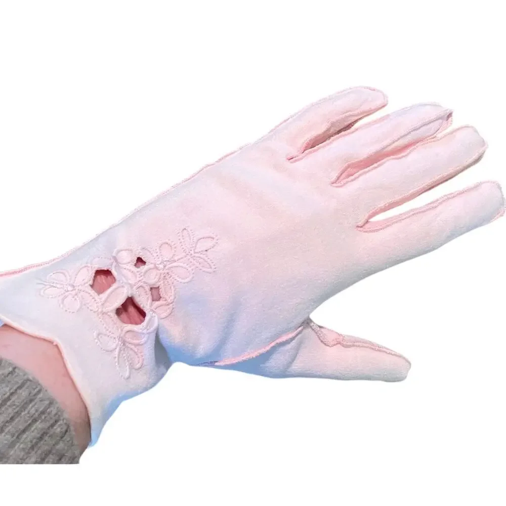 Vintage Pink Eyelet Gloves, Formal Gloves, Scalloped, Retro
